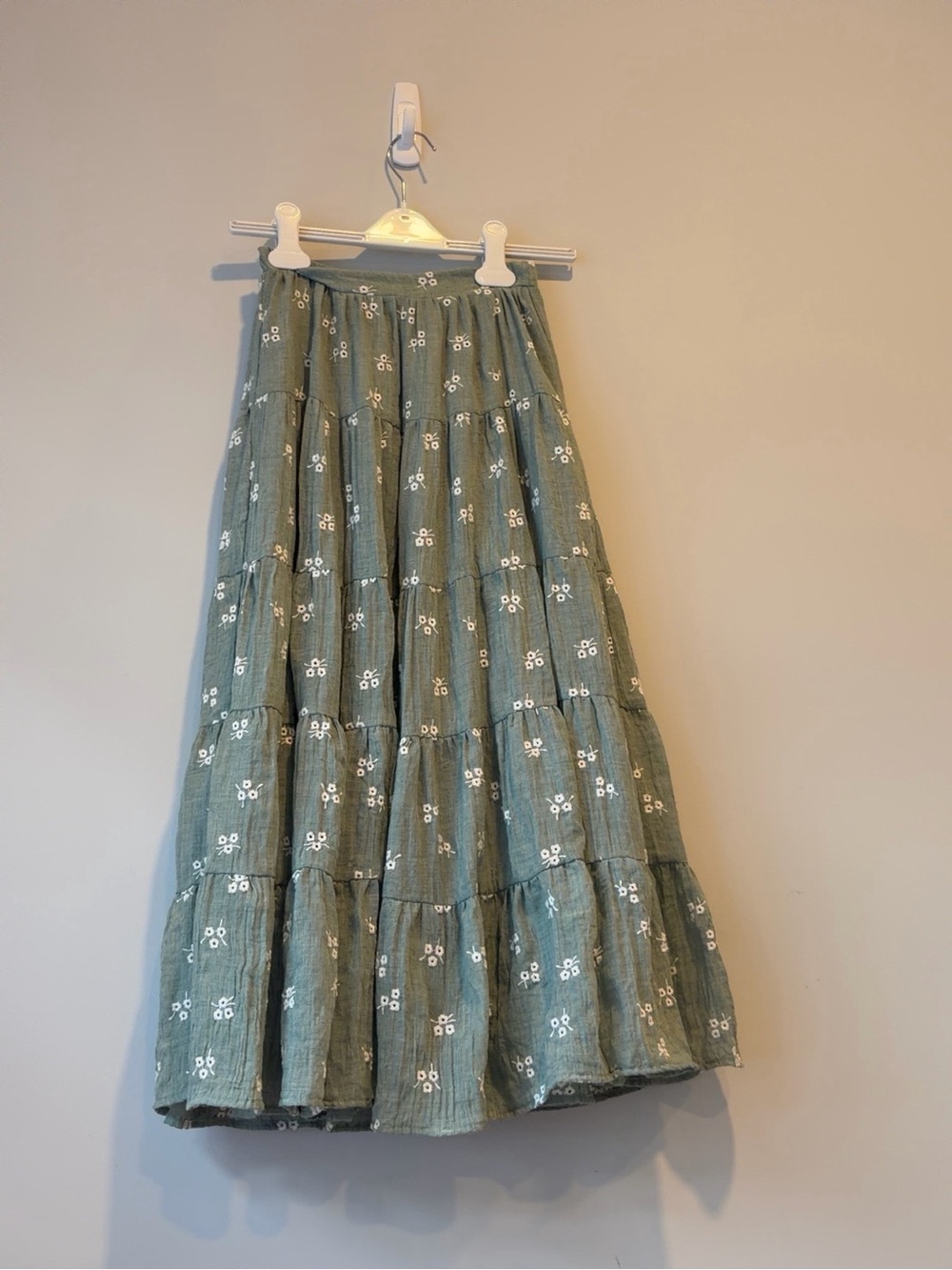 Altar'd State Sage Green Tiered Maxi Skirt with White Floral Embroidery